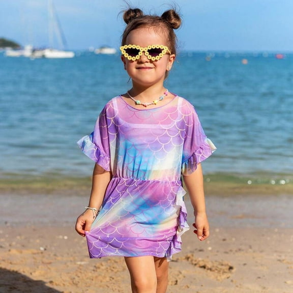 CUZIBR Baby Girls Summer Cover Up Swimsuit Dresses Ruffles Gradient Tie Dye Short Sleeve Loose Fit Round Neck High Waist Striped Print Swimwear Beach Sun Protection Summer Beachwear ,Purple,4-5 Years