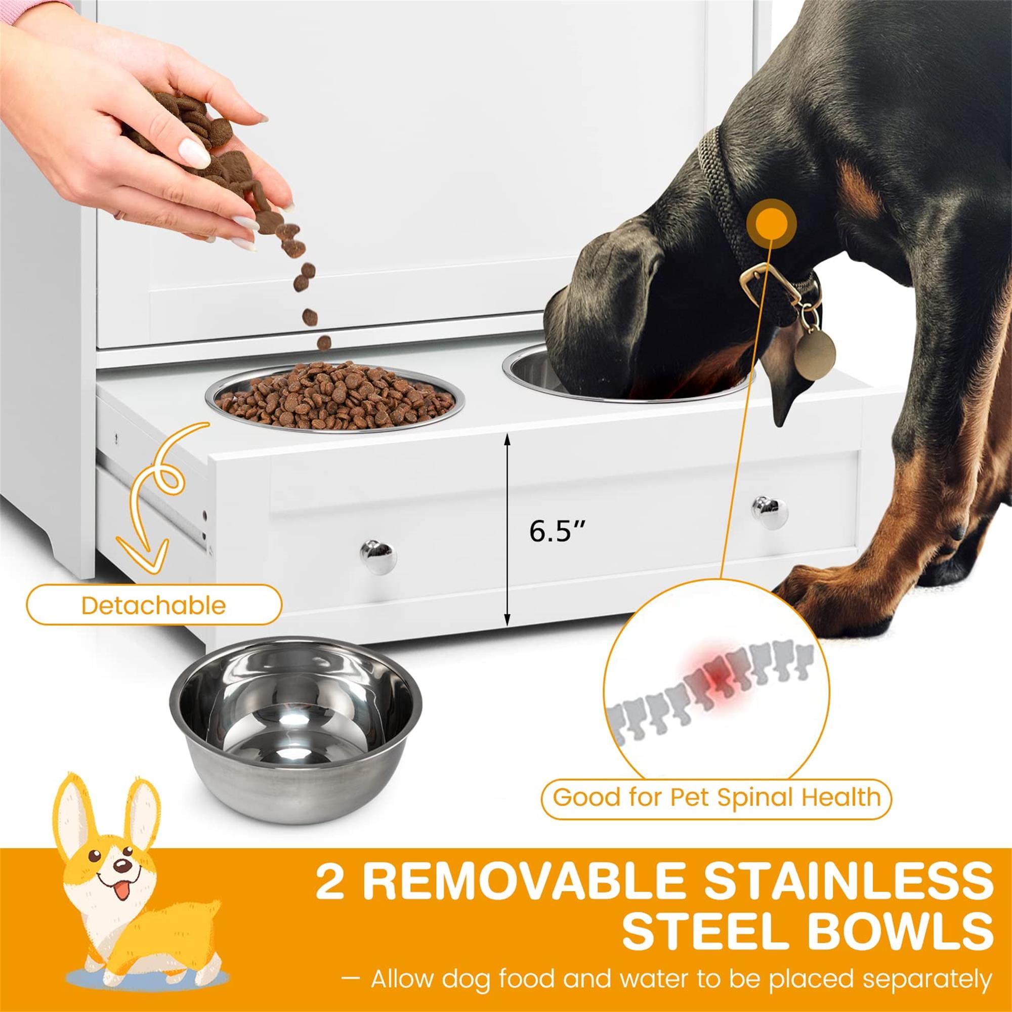 resenkos 32" Dog Feeder Station with Stainless Steel Bowl, Dog Food Storage Container, Pull Out Pet Food Cabinet, White
