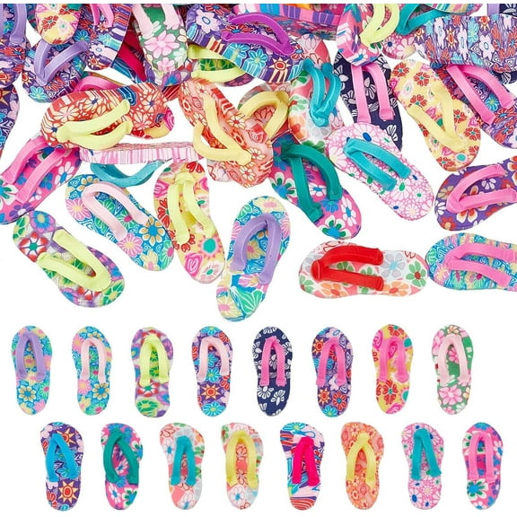 1 Box 50Pcs Flip Flop Charms Polymer Clay Cabochon Handmade Flower Printed Slipper Ornament Flat Back Cabochons Miniature Flip Flops for Crafts Jewelry Making Scrapbooking Embellishments DIY