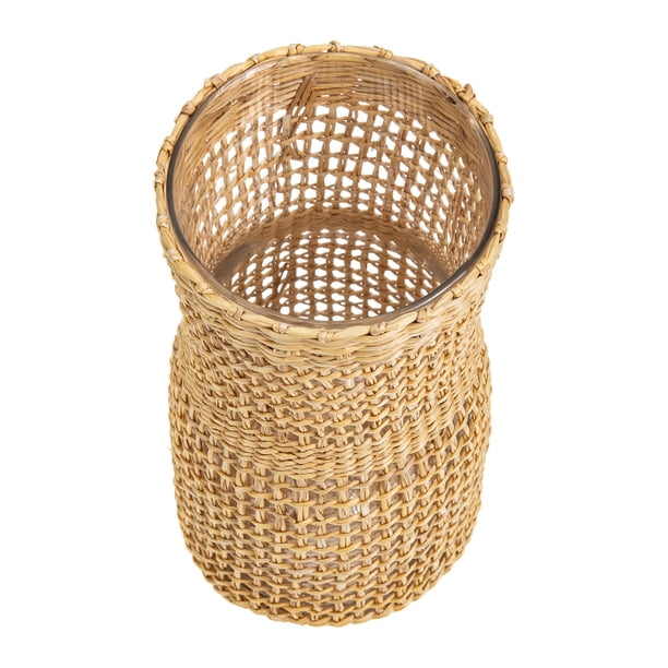 unbranded Florero De Rattan Negro Con Vidrio Transparente Para Decorar Y Oficina