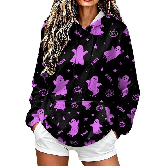 Dweltoz Halloween Hoodies for Women Ghost Pumpkin Star Print Pullover Hoodie Long Sleeve Loose Fit Sweatshirt with Pockets Casual Halloween Party Tops,Purple L