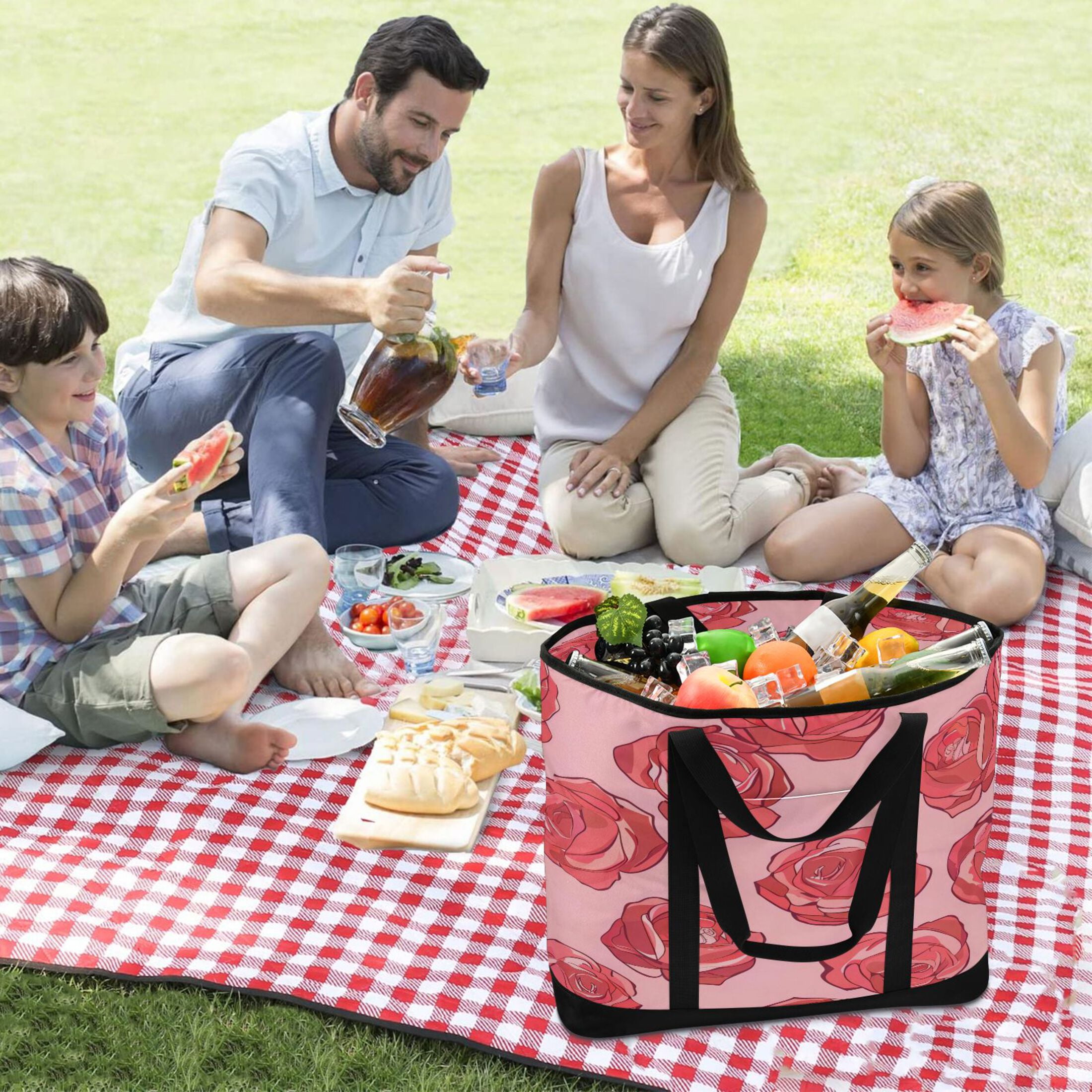 Large Hand-held Ice Pack Picnic Bag Insulation and Refrigeration Suitable for Shopping Picnics and Camping Red Rose