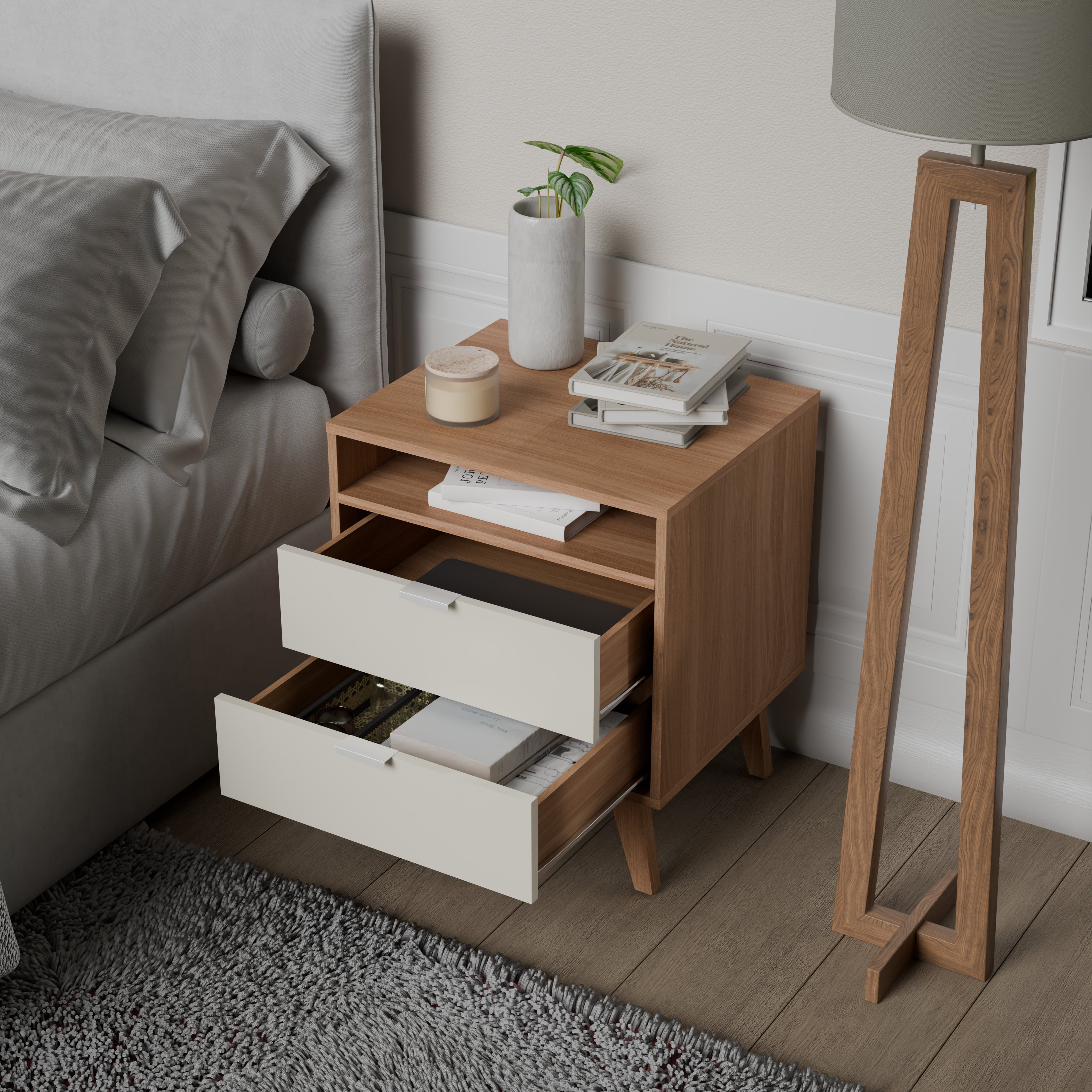 Kappesberg Hanford 2-Drawer Nightstand with Open Shelf, Brown & Cream, Mid-Century Modern - for Adults and Teens