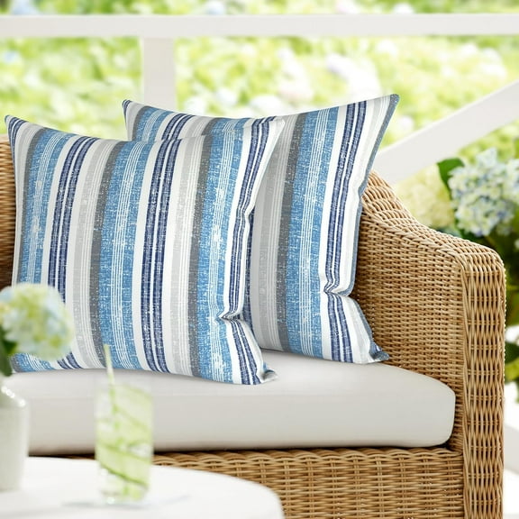 Set of 2 Pillow Covers 18 x 18 Inch, Square Decorative Water Resistant Throw Pillowcase for Balcony, Porch, Couch and Patio Furniture Use - Stripe Layered Blue