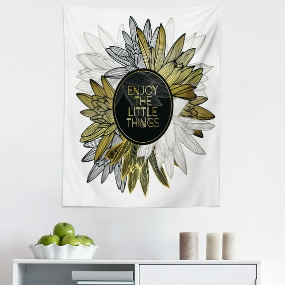 Saying Tapestry, Floral Bouquet with Inspirational Message Positivity, Fabric Wall Hanging Decor for Bedroom Living Room Dorm, 5 Sizes, Yellow Off White Black, by Ambesonne