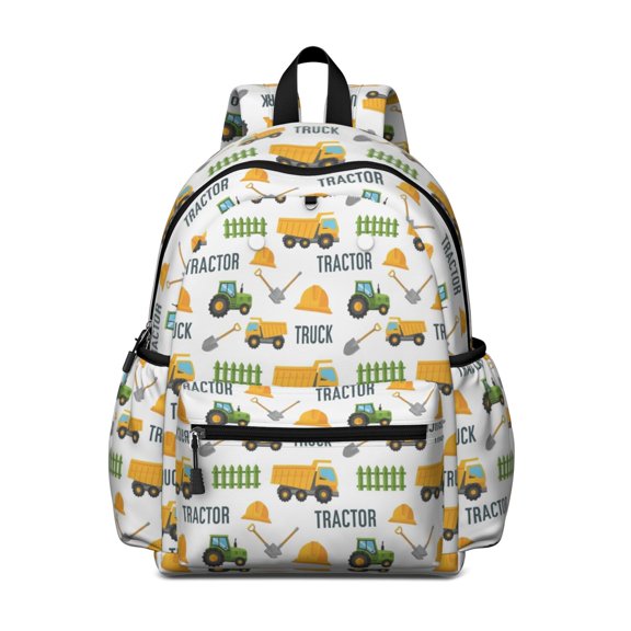 Tractor and Trucks White Pattern Cute School Backpack with Padded Back and Adjustable Shoulder Straps 13.4"x11"x4.7"