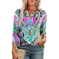 thumbnail image 4 of Aobny T-Shirt Women Blue Bohemian Loose Shirt V-Neck 3/4 Sleeve Fancy Tops for Women,XL, 4 of 7