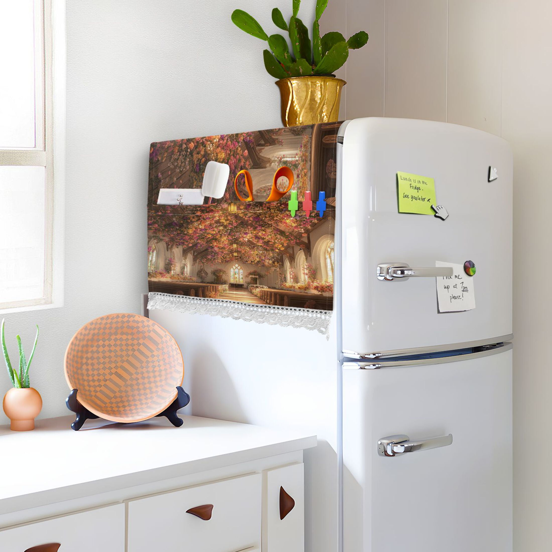 Beautiful ChurchWasher and Dryer Covers Dust-Proof and Oil Resistant Fridge Cover with 4 Storage Pockets Washing Machine Top Cover for Laundry Kitchen Home 51.2 x 22 In