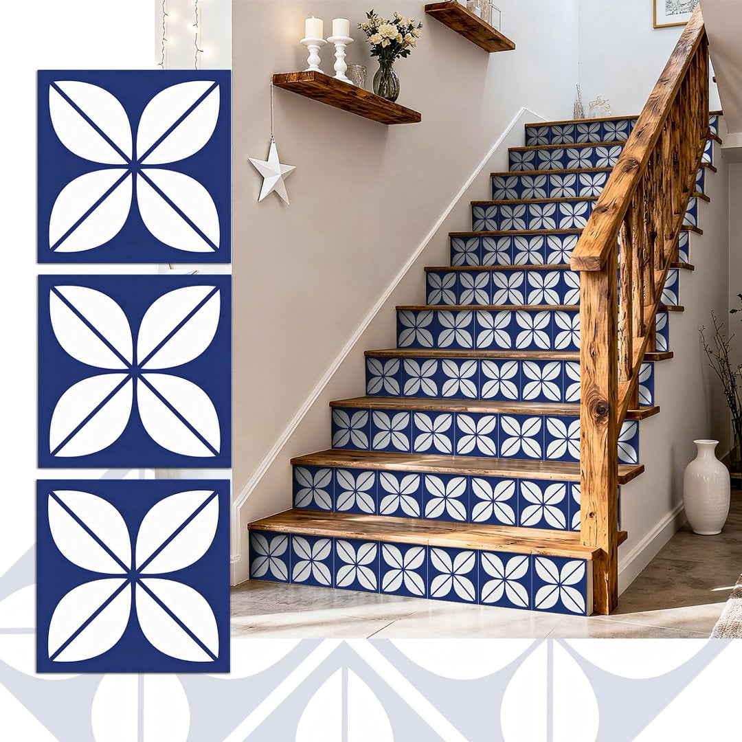 24Sheets Self Adhesive Wall Tile Sticker 7.9" x 7.9" Peel and Stick Waterproof Backsplash Flowers Decals for Kitchen Bathroom Decoration Blue White