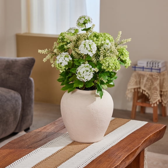 DR.Planzen 24in Artificial Hydrangea Flowers with Vase - Faux Hydrangea Flowers, Potted Artificial Flowers, Green White Hydrangea Centerpiece for Home Wedding Table Decor