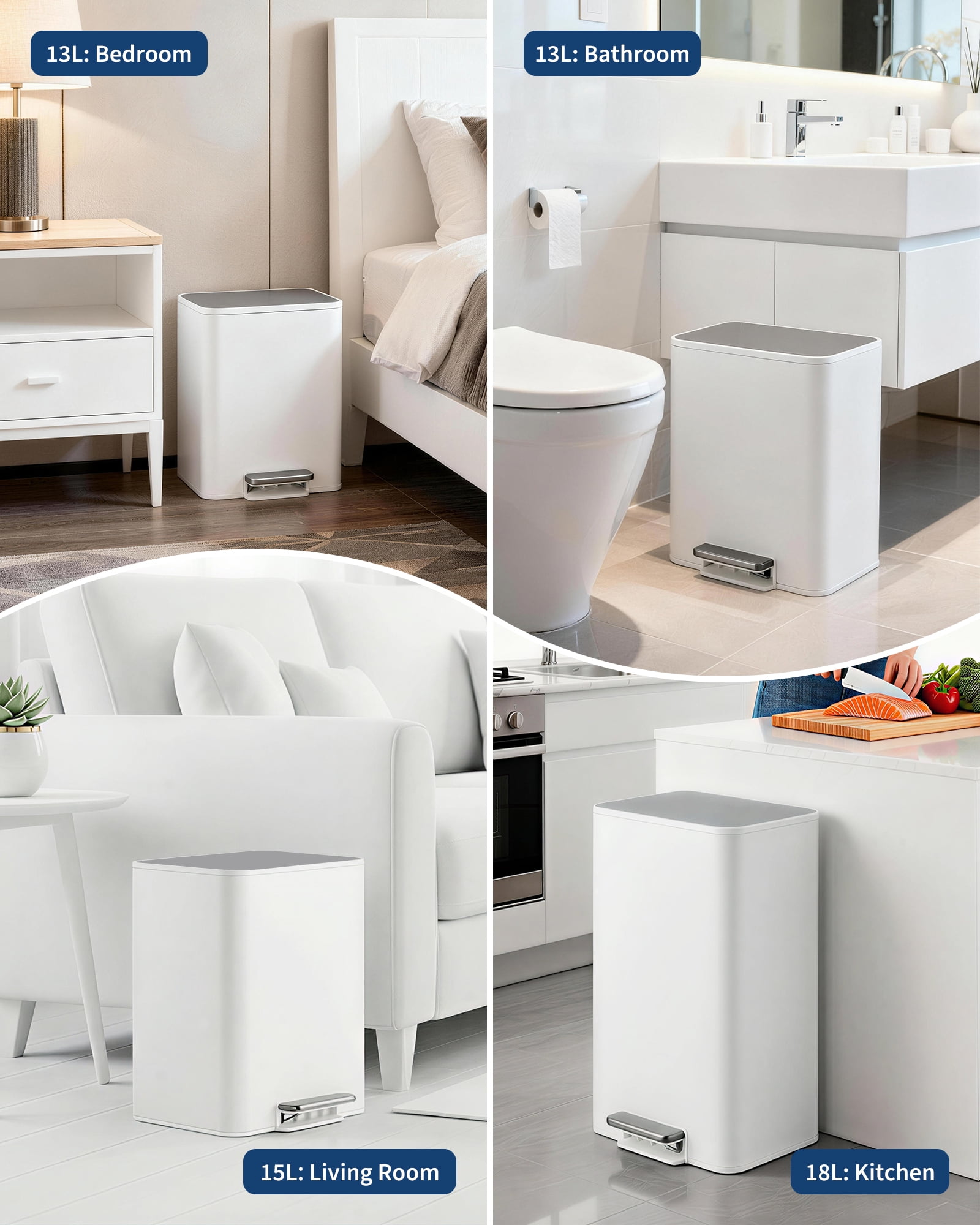 Babevy 15L Stainless Steel Trash Can, Rectangular Garbage Bin with Soft-Close Lid,for Kitchen, Bathroom, Office