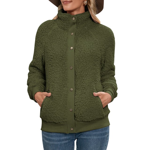 Chaquetas Mujer Chaquetas de bombardero Sherpa para mujer Abrigo con bolsillos con botones de forro polar cálido Ropa de abrigo informal holgada y acogedora 1 1