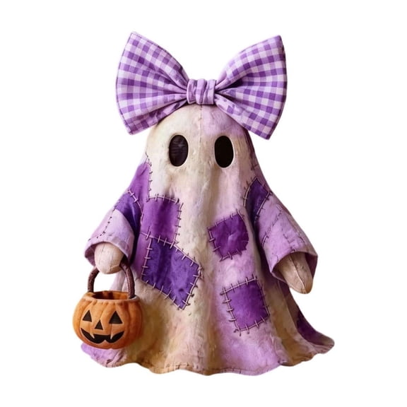 SHJHENG Halloween Ghost Resin Figurine Cute Patchwork Ghost With Bow Pumpkin Bucket Spooky Decor Statue For Home Tabletop