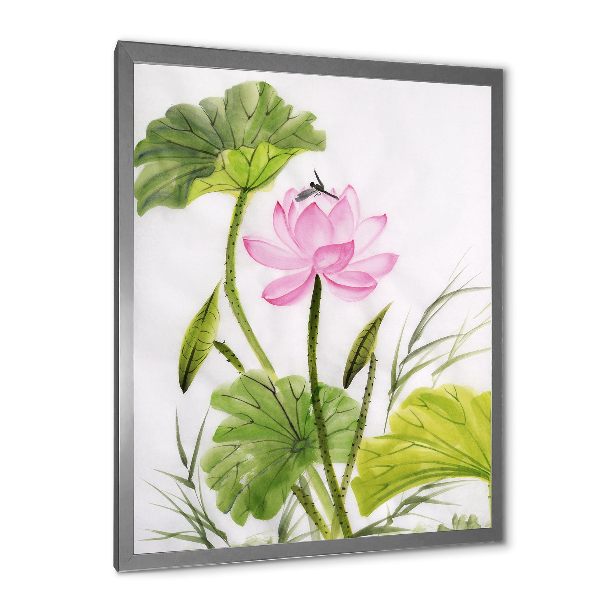 Designart 'Single Vintage Pink Lotus Flower With Green Leaves' Traditional Framed Art Print