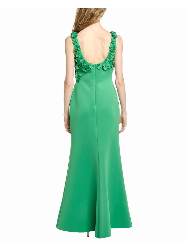 badgley mischka dress green Badgley Mischka Sleeveless Pleated Column Gown with Intricate Trim in Palm