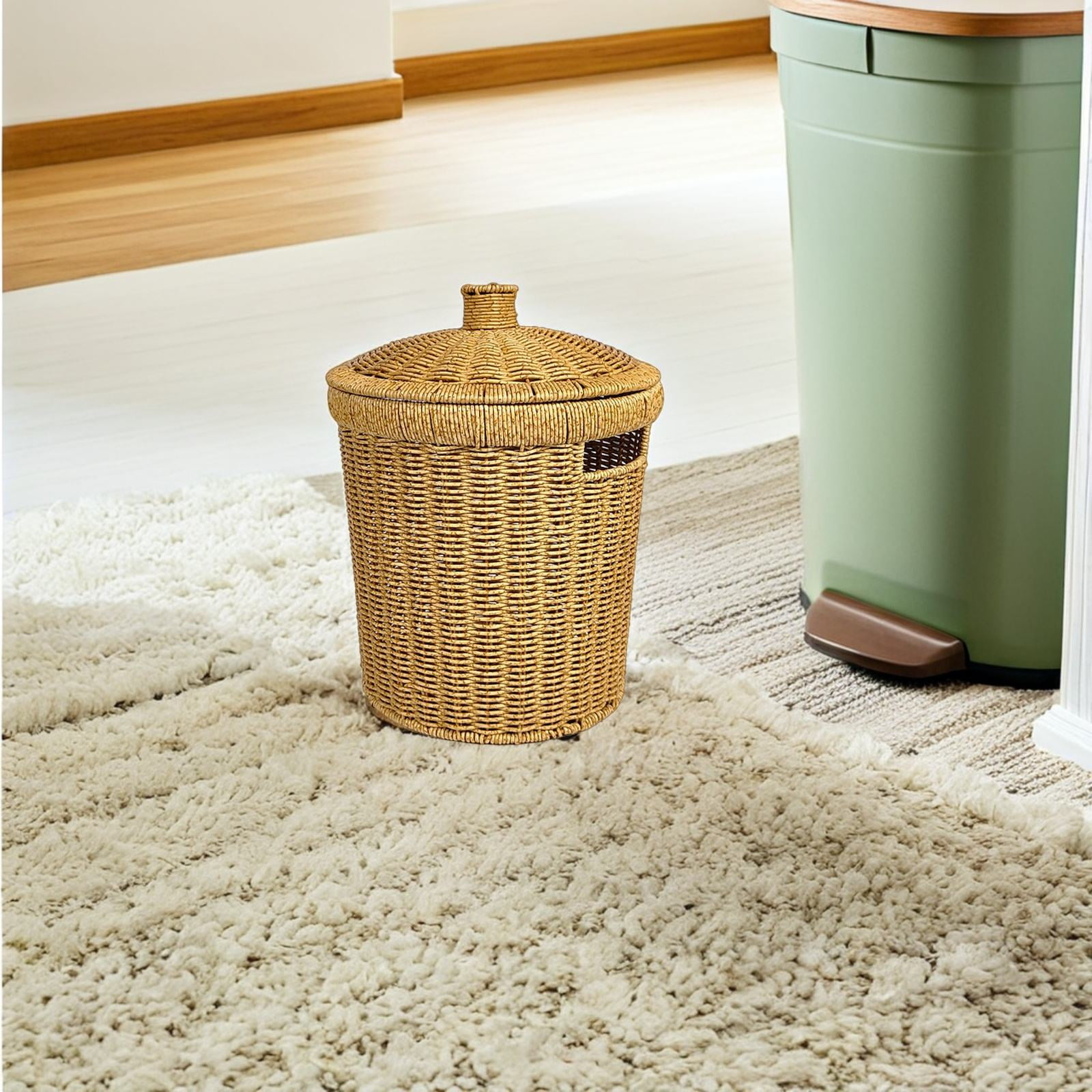 NICERIO Khaki Woven Waste Basket with Lid Small Decorative Trash Bin for Home Office Kitchen Bathroom Use