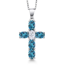 Gem Stone King 925 Sterling Silver London Blue Topaz and White Moissanite Cross Pendant Necklace for Women | 3.50 Cttw | Gemstone November Birthstone | Oval 6X4MM | With 18 inch Chain