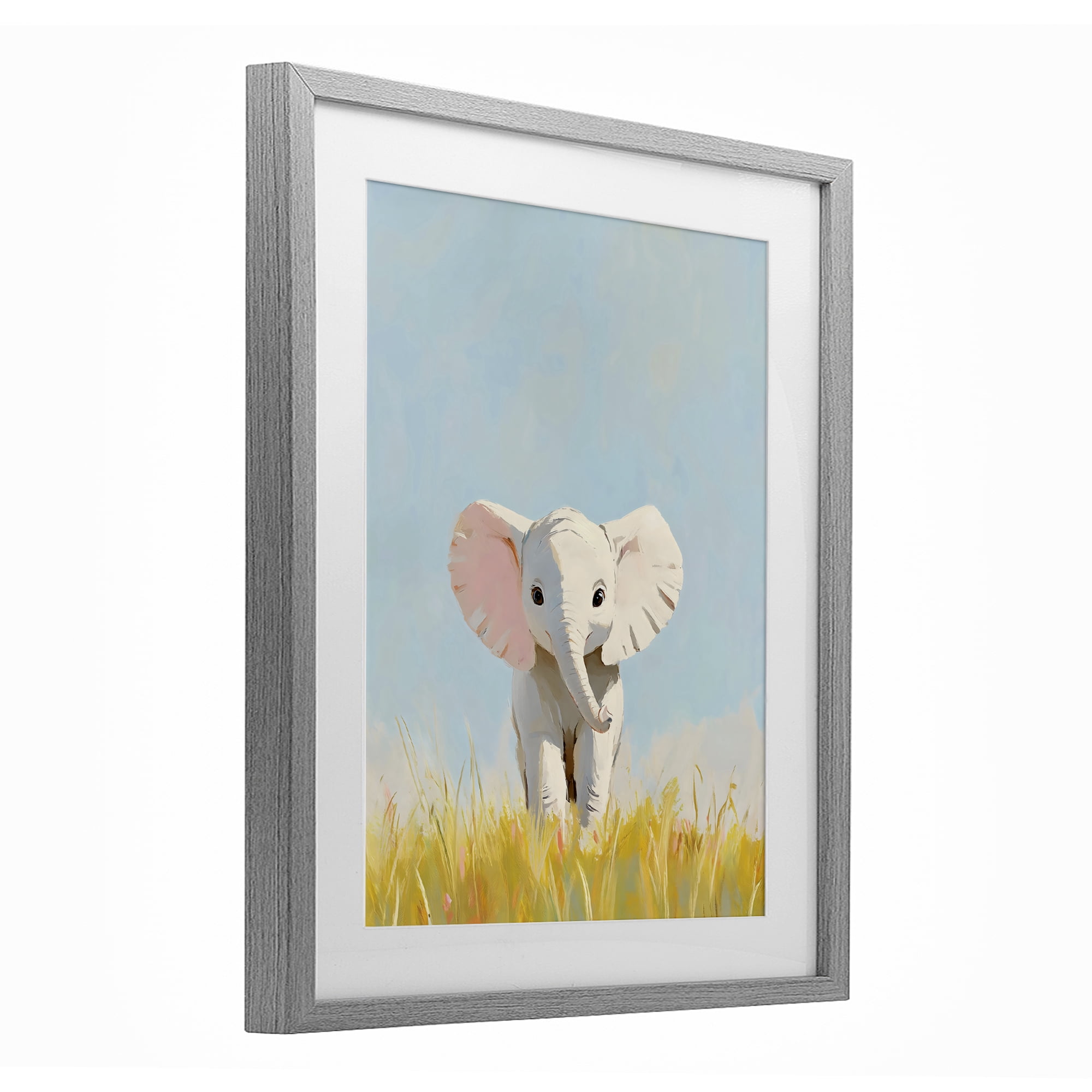 Stupell Industries White Baby Elephant in Grass Gray Framed Print Under Glass, design by The Prints Vibe