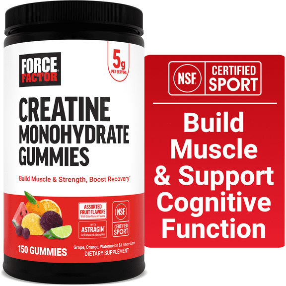 Force Factor Creatine Monohydrate Gummies, NSF Certified, 5g Dose for Men & Women to Support Muscle, Strength, Recovery, Cognitive Health & Memory, Assorted Fruit Flavors, 150 Gummies
