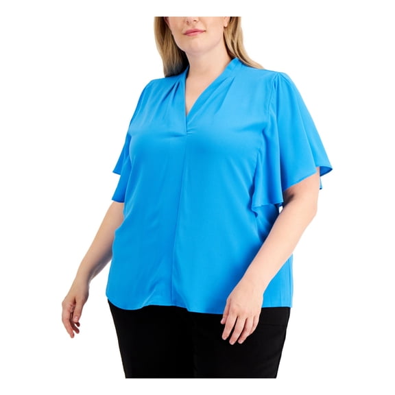 CALVIN KLEIN Womens Blue Textured Pleated Seamed Front Flutter Sleeve V Neck Wear To Work Top Plus 0X