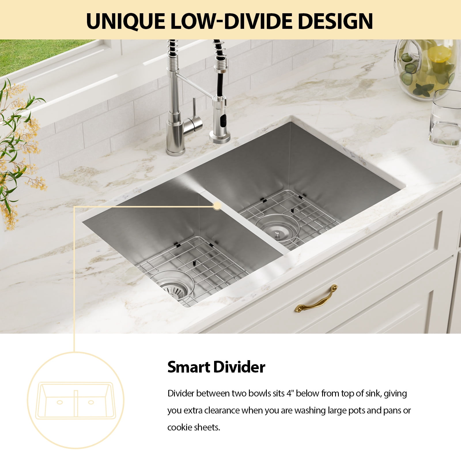 30 in. Undermount 50/50 Double Bowl 16-Gauge Stainless Steel Low Divided Kitchen Sink with 2 Pcs Bottom Grids/Drains