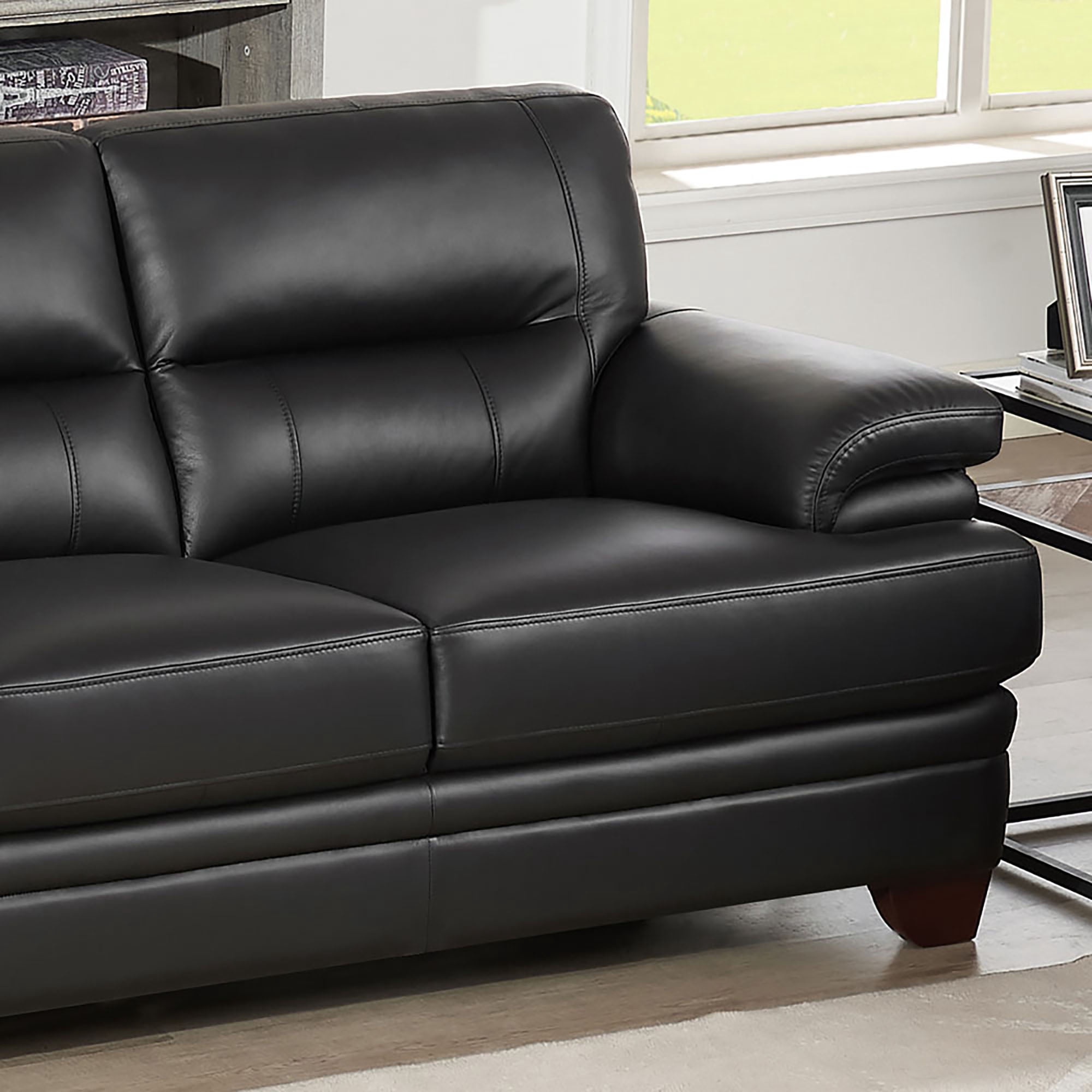 Hydeline Luxor Top Grain Leather Loveseat Black with Tapered Legs Memory Foam and Springs Seating