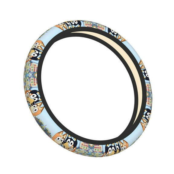 Lsque Bluey Pattern Elastic Stretch Steering Wheel Cover,Universal 15 inch, Microfiber Breathable Ice Silk, Anti-Slip, Odorless, Easy Carry