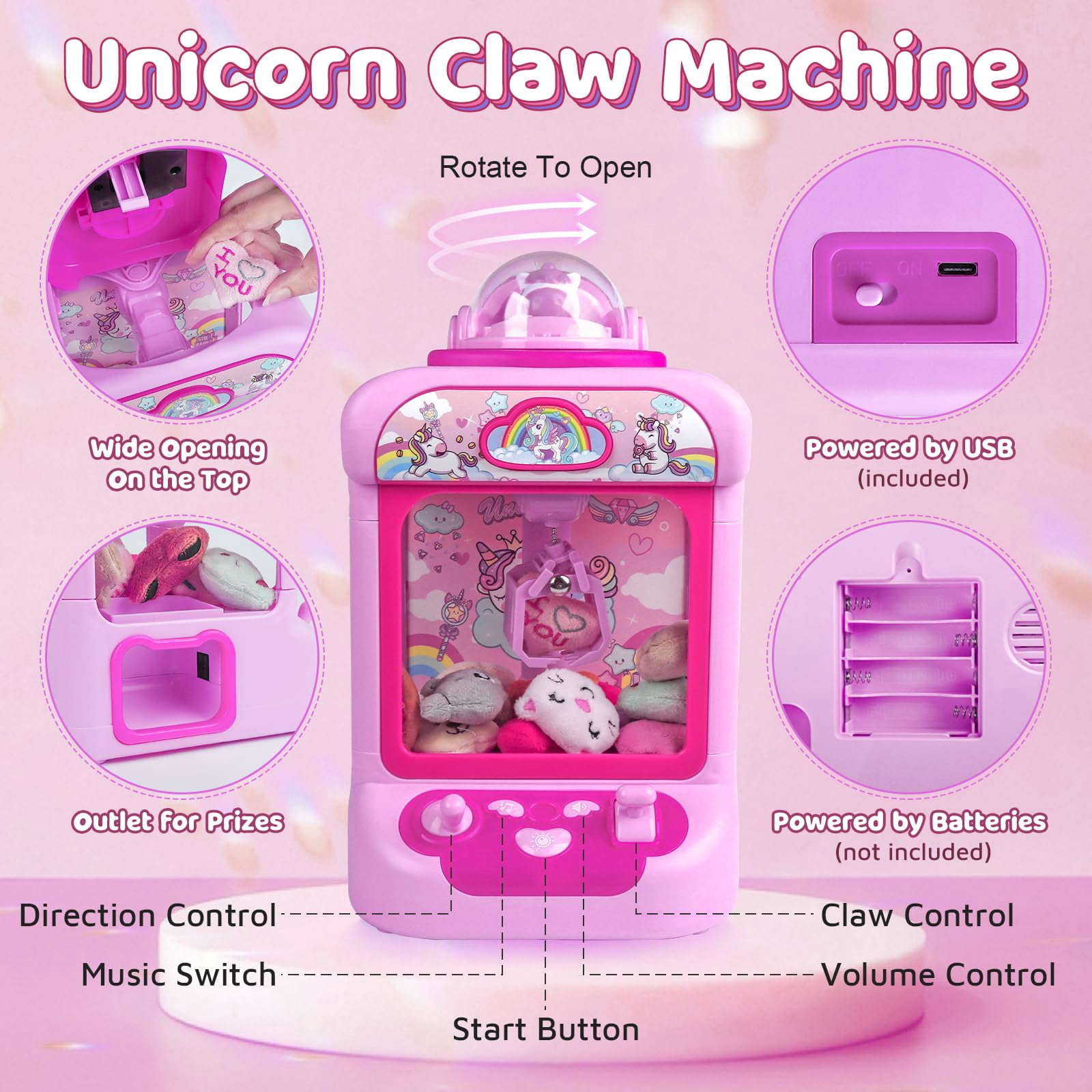 ToyM Claw Machine for Kids, Mini Vending Machine Girls Unicorn Toys, Candy Grabber Prize Dispenser with Sound & 20 Mini Plush Toys, Electronic Arcade Game Indoor Toy for Home Party Birthday Gifts