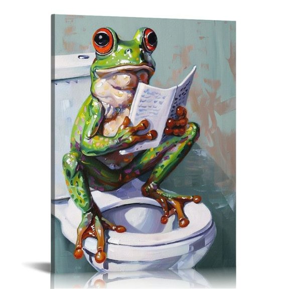 Acheng Funny Bathroom Wall Art Painted Happy Frog Reading Book Painting Pictures with Framed for Decor 12x16 in