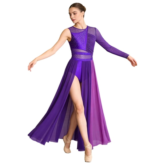 Doomiva Women's Lyrical Dance Dress Shiny Rhinestones Mesh Split Maxi Dresses Contemporary Dancewear Purple XL