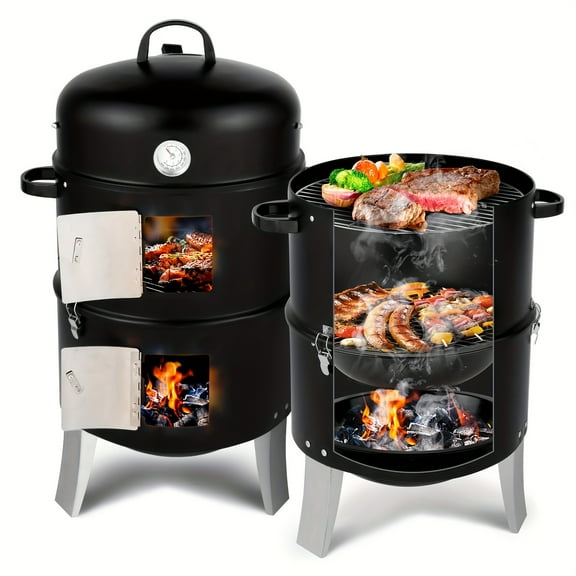 Vertical Charcoal Smoker Grill - 3-Layer Design, Large Capacity, Easy Temp Control - Portable BBQ for Camping & Outdoor Cooking - Black