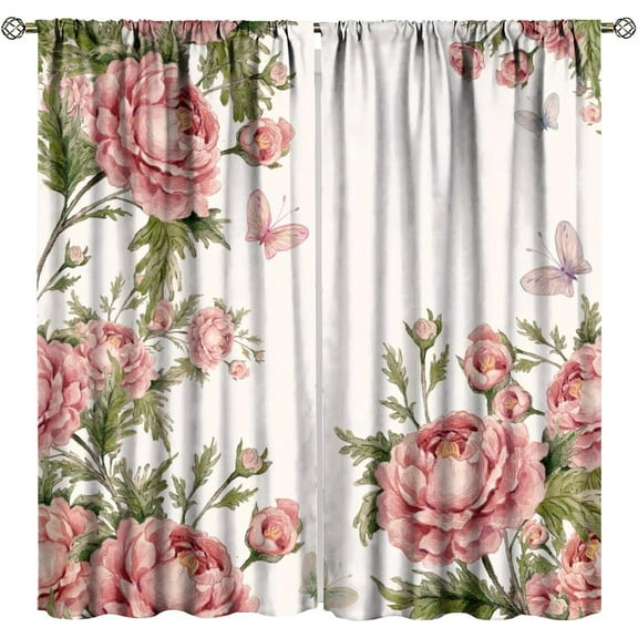Pink Flowers Curtains Rustic Farmhouse Romantic Spring Floral Blossom Butterfly Girls Women Bedroom Living Room Bathroom Blackout Rod Pocket Decoration Window Drapes 2 Panels W21xL63in