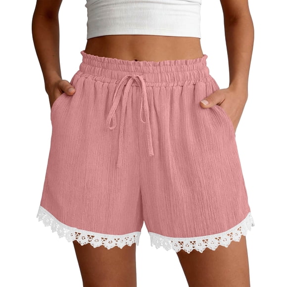 Iyufng Summer Shorts for Women Lace Drawstring Elastic Waist Pull on Wide Leg Shorts with Pockets