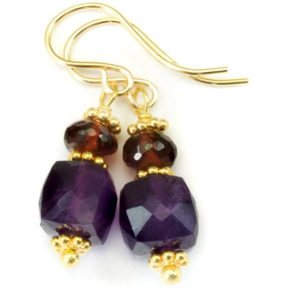 14k Gold Filled Purple Amethyst Earrings Puffed Cube Red Garnet Goldtone Accents Simple Dangle Stacked Drops for Adult Women