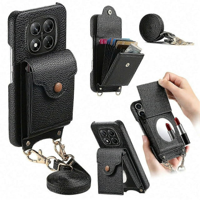 For Xiaomi Redmi Note 14 Pro 4G Case Mirror Card Holder Litchi Texture Leather Phone Back Cover with Long Strap