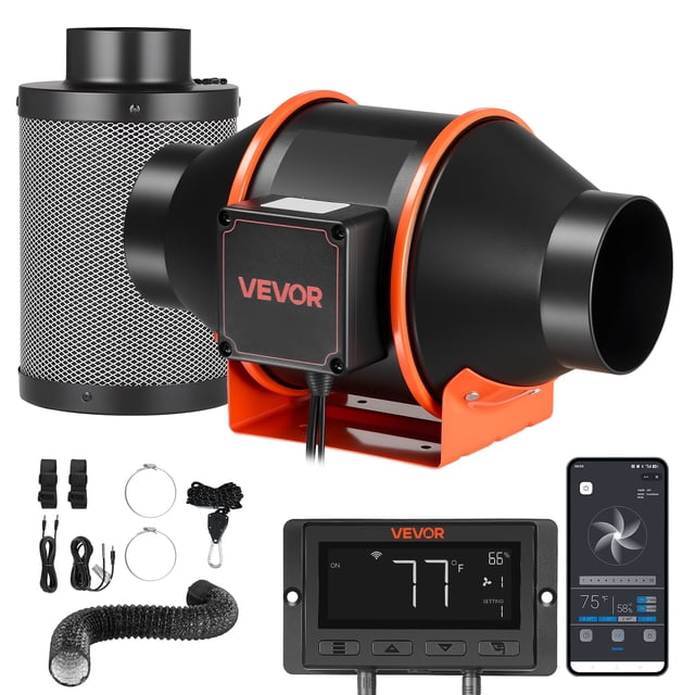 VEVOR Inline Duct Fan Kit Carbon Filter, 205 CFM 4 inch EC Motor Exhaust Ventilation Fan with 10-Speed, PWM Controller, App Control, Timer, Cooling System for Grow Tent