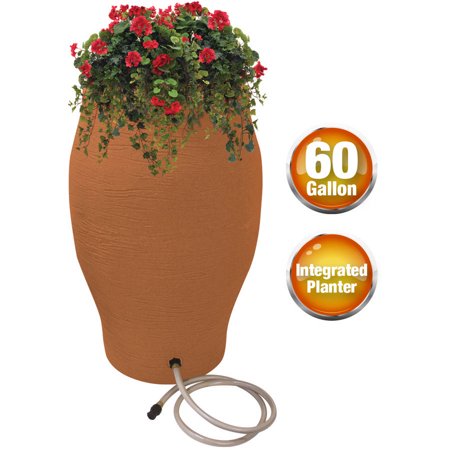 Rescue Stoneware Urn Rain Barrel – Includes Planter Rain Water Diverter, Outlet Hose, 60 Gallons,