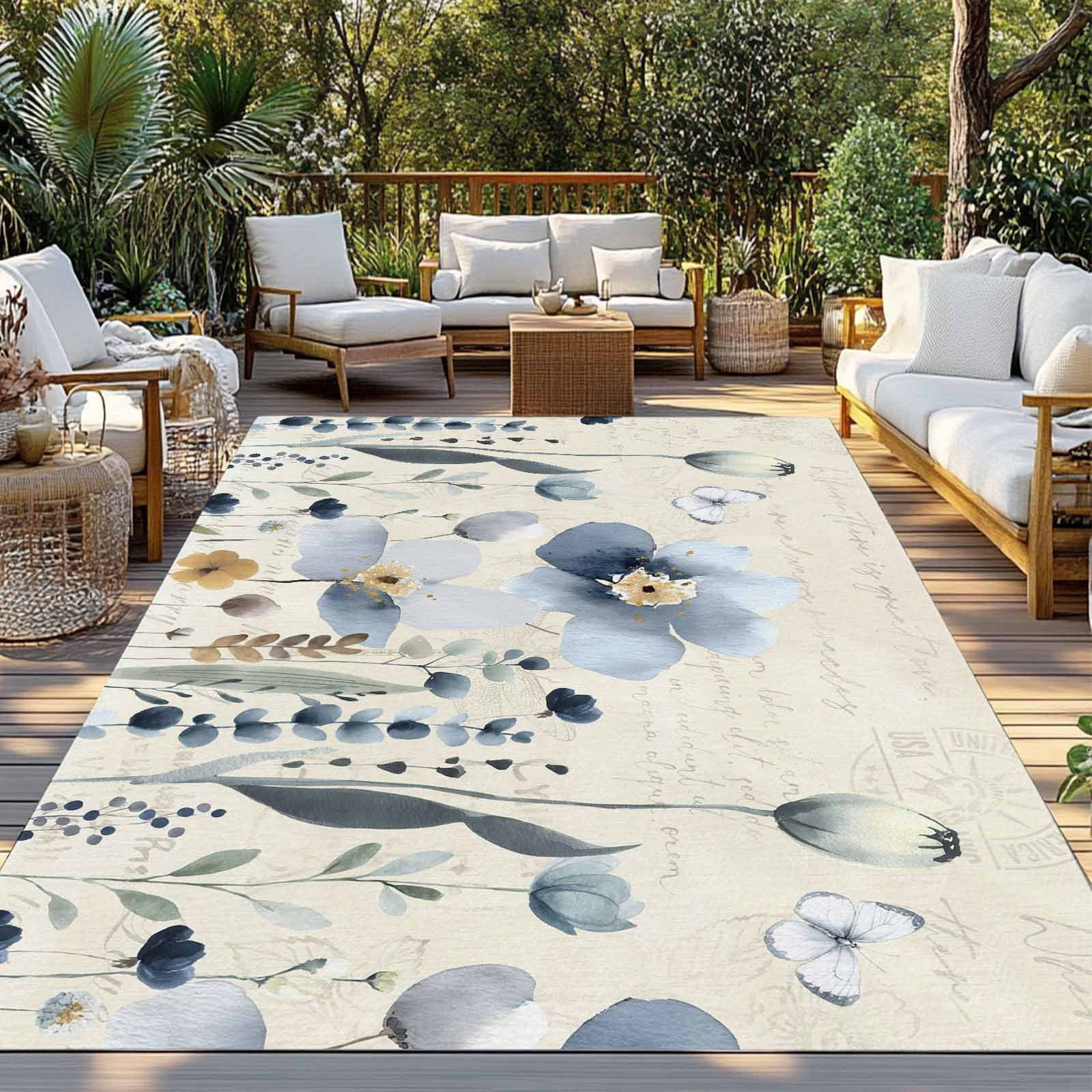 Spring Blue Floral Outdoor Rug for Patio/Deck/Porch, Non-Slip Large Area Rug 3 x 5 Ft, Vintage Garden Wildflowers Botanical Indoor Outdoor Rugs Washable Area Rugs, Camping Rug Carpet Runner
