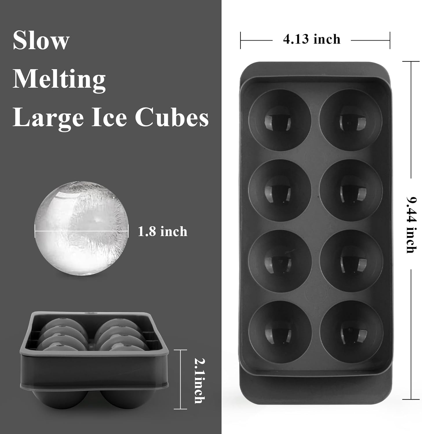 Round Ice Cube Mold,8 PCS x 1.8 in Whiskey Ice Cubes,Circle Ice Cube Tray with Lid, Ice Ball Maker Mold Sphere Ice Cube,Large Ice Cube Molds for Cocktails,Coffee(Round Ice Cube Mold,Black