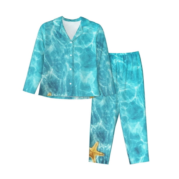 Balery Coral And Seashell On The Beach Conjunto de Pijama con Estampado para Mujer, Conjunto de Dos Piezas con Manga Larga, Ropa de Dormir Suave con Bolsillos, Pijamas Cómodos-Large