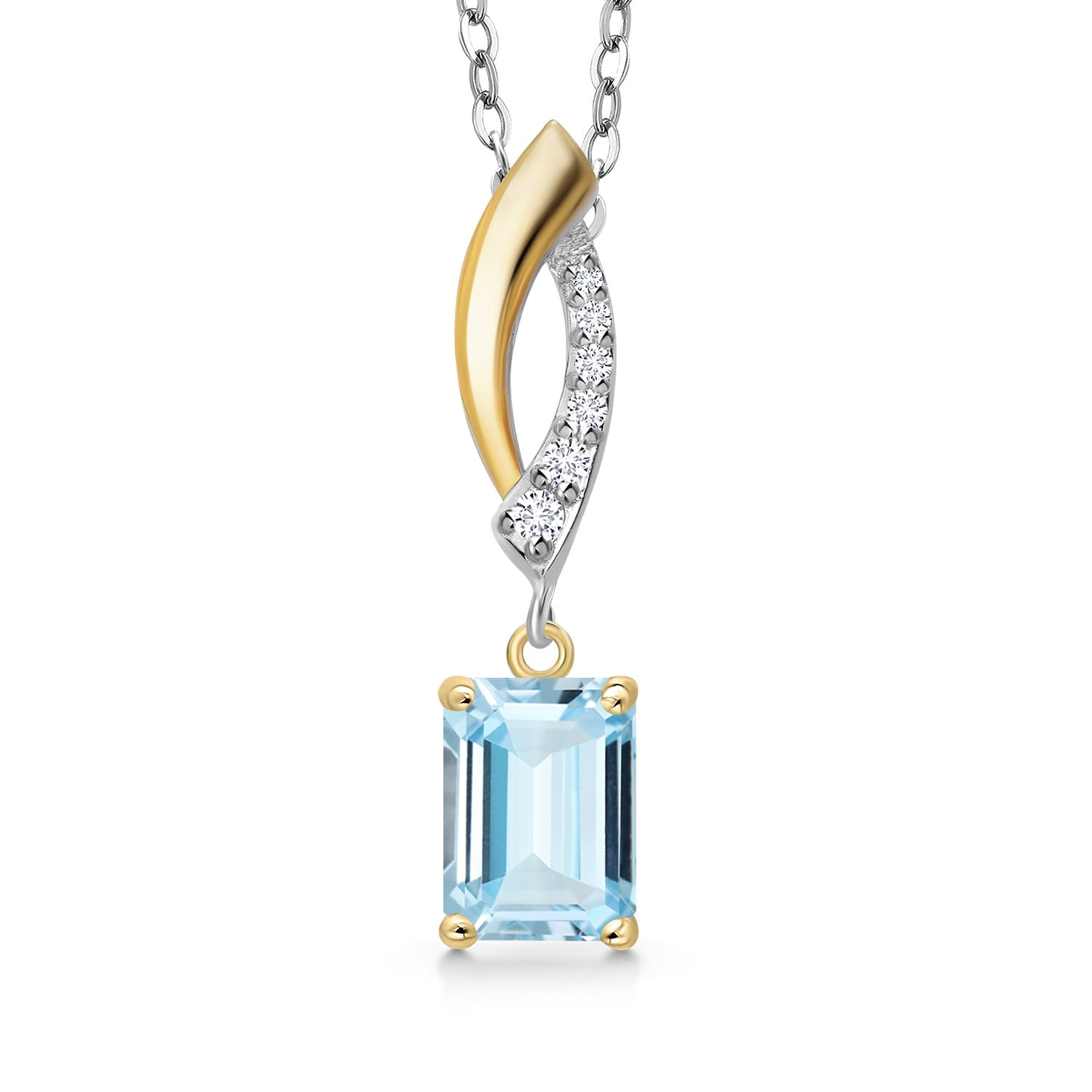 Gem Stone King 925 Silver and 10K Yellow Gold Sky Blue Aquamarine and Lab Grown Diamond Pendant Necklace for Women | 0.83 Cttw | Gemstone March Birthstone | Octagon 7X5MM | With 18 inch Chain