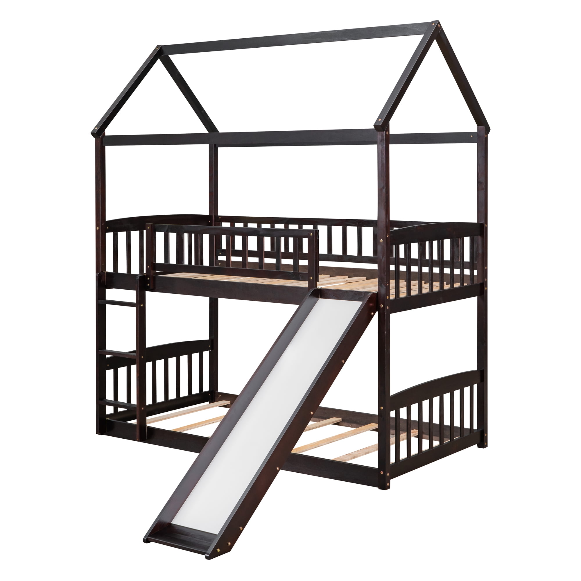 DEALTOPS Twin over Twin Bunk Bed with Slide and Ladder, Wooden Bed Frame for Kids, Teens, Espresso
