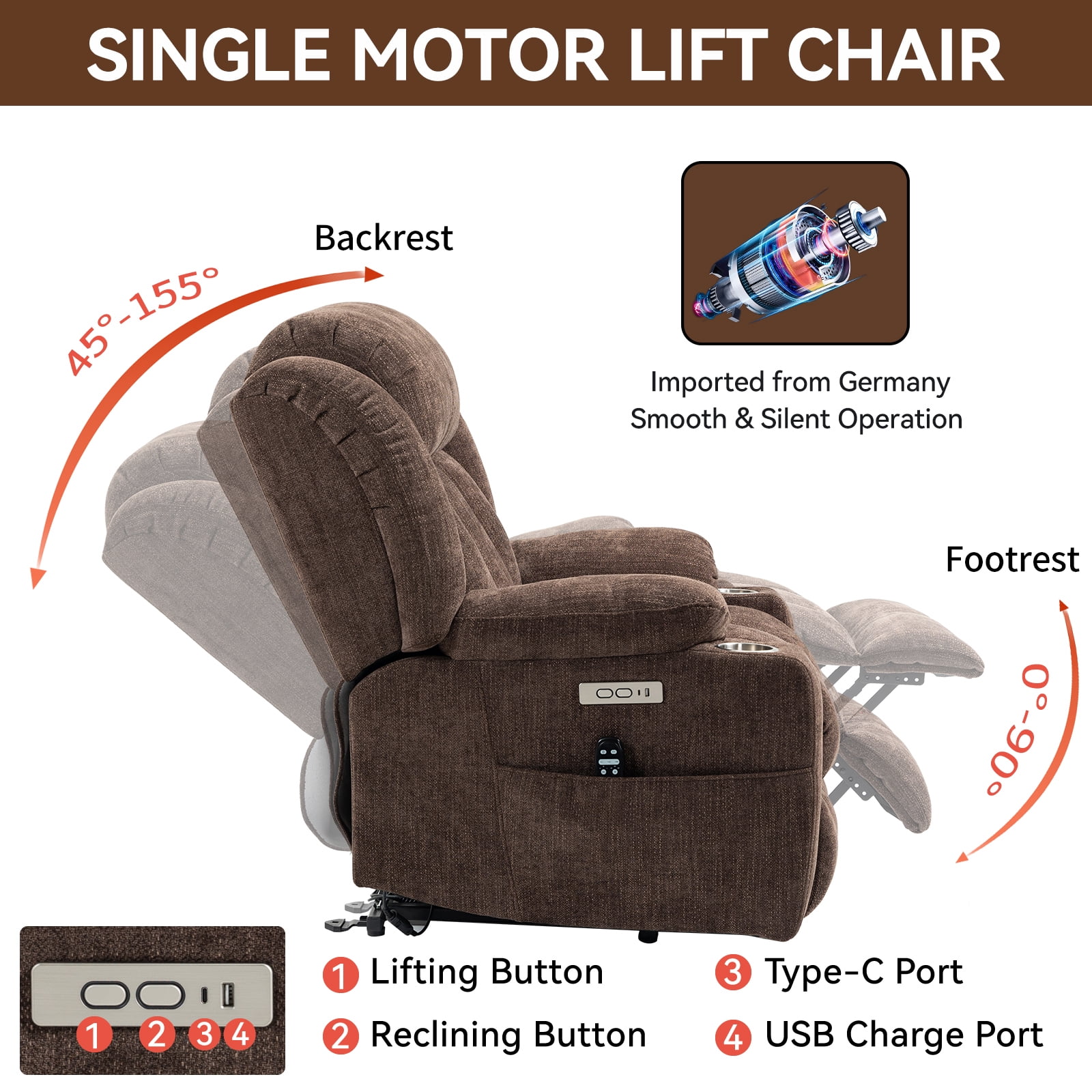 Alvantor Power Lift Recliner Chair for Elderly with Massage and Heat, Chenille Recliners Chair with USB Ports & Cup Holders Brown