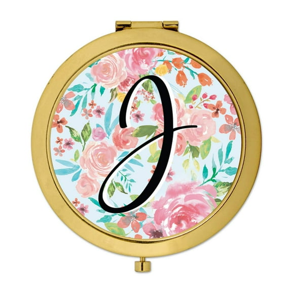 Koyal Wholesale Compact Mirror Bridesmaid's Wedding Gift, Gold, Monogram Letter J, Tea Party Pink Floral Flowers, 1-Pack