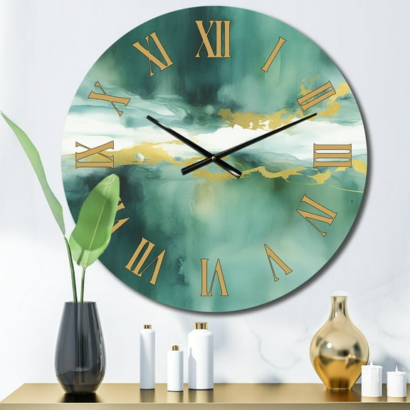 Designart "Gold Accents in a Blue Watercolor Impression V" Fractals Oversized Wall Clock