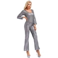 thumbnail image 3 of Haitryli Women's Long Sleeve Unitard Dance Costume Shiny Metallic Full Body Suits Bell-Bottom Black 170, 3 of 5