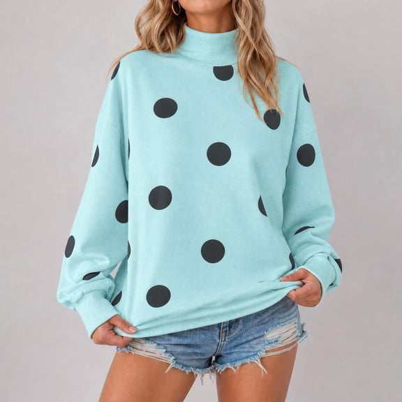 Womens Polka Dot Sweatshirts Long Sleeve Pullover Crewneck Tops Oversized Drop Shoulder Y2k Fall Fashion Outfits Light Blue 2XL