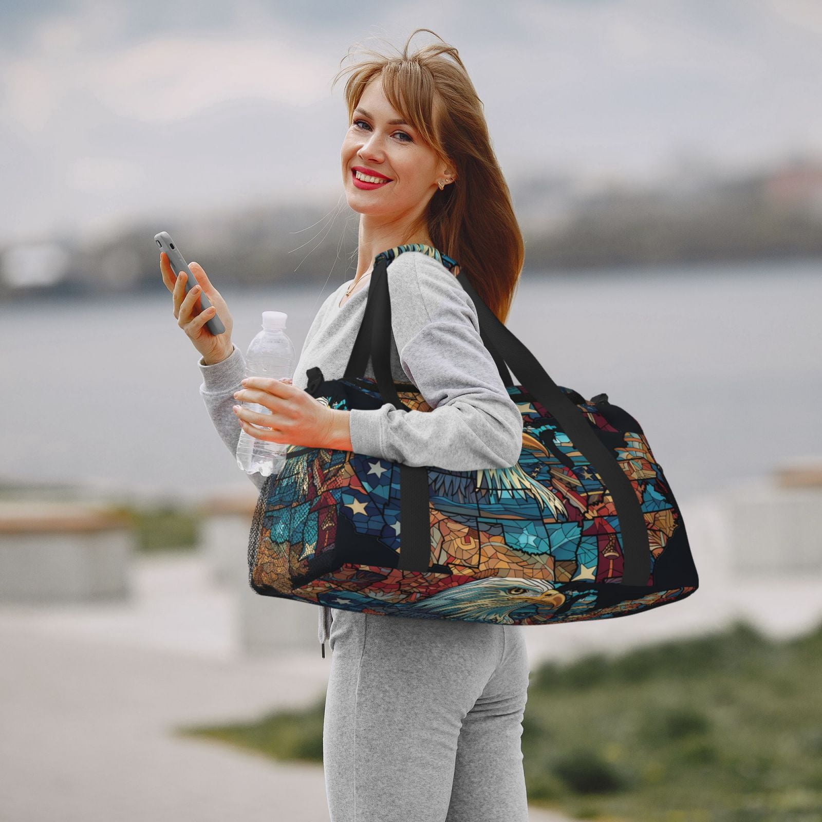 Fuzoiu Stained Glass Eagle USA Print Travel Duffle Bag,Carry On Tote Bags,Duffel Bag,Sport Gym Bag, Hospital Bag for Labor and Delivery, Overnight Bag,Luggage Bag