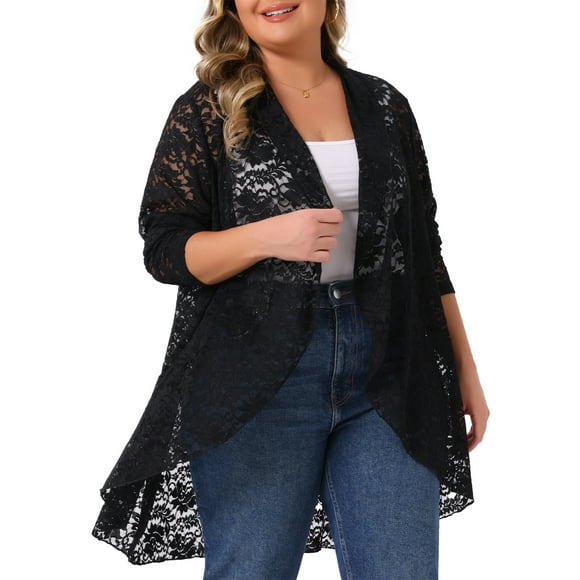 Agnes Orinda Plus Size Lace Cardigan for Women Ruffle Cardigans Open Front Long Sleeve Sheer Lace Crochet Cover Up 1X Black