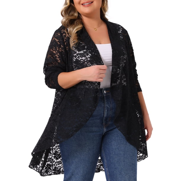 Cardigan de encaje plus size Agnes Orinda para mujeres, cardigans con volantes, abertura frontal, manga larga, cobertura de encaje transparente, 1X negro